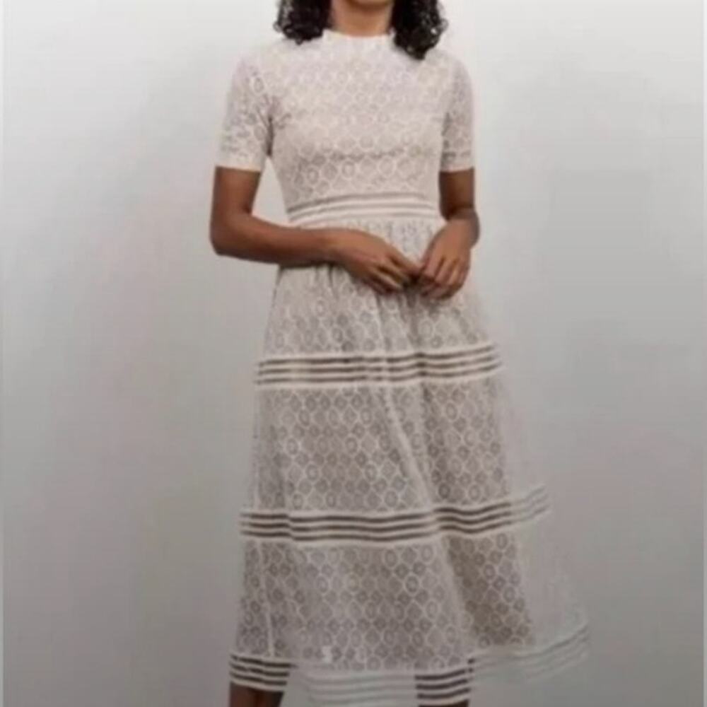 Baltic Born Windsor Lace Midi Dress Tiered Largeโ Neutral Preppy Fairy Tan White